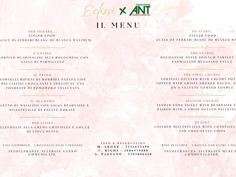 Menu of the Grand Charity Gala at Palazzo Gnudi for ANT Foundation