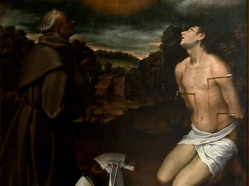 Bartolomeo Cesi, La Trinità e la Vergine adorate dai santi Bernardino da Siena e Sebastiano, Bologna, IRCCS - Azienda Ospedaliero-Universitaria di Bologna - Policlinico di Sant’Orsola