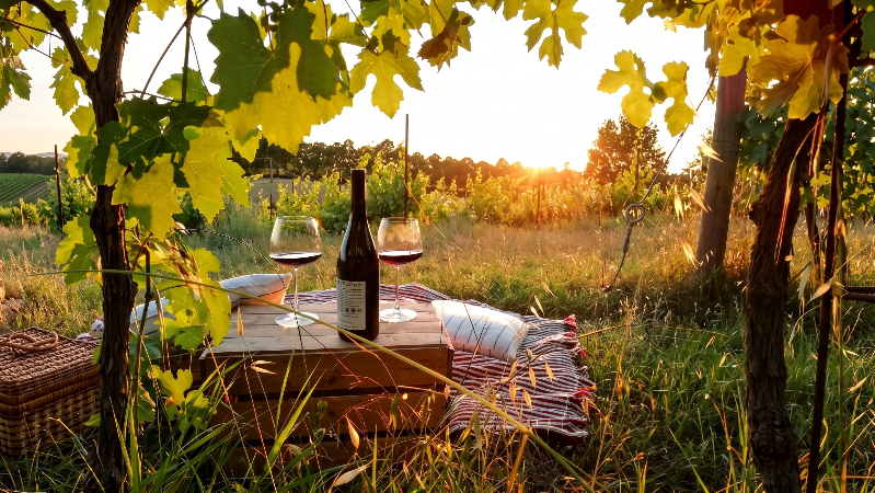 Sunset in a vineyard with wine bottle and glasses