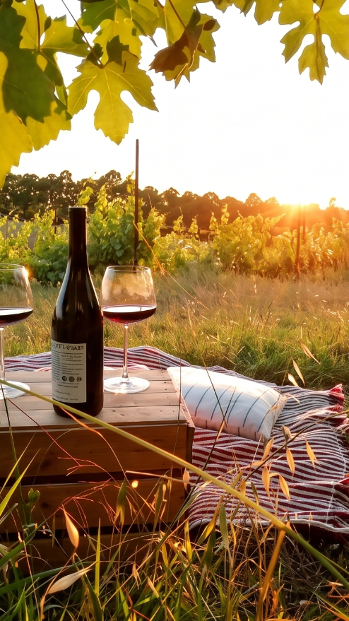 Sunset in a vineyard with wine bottle and glasses